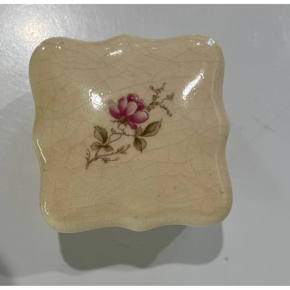 Terragrafics Ceramic‎ Trinket Box Floral Pink Rose Dresser Jewelry Holder Vtg